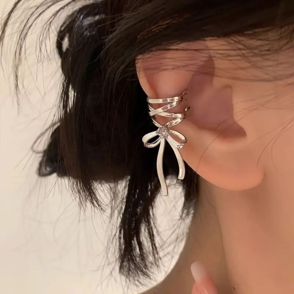 Elegant Ballerina Silver Ribbon Bow Spiral Ear Cuffs with Crystal Accent